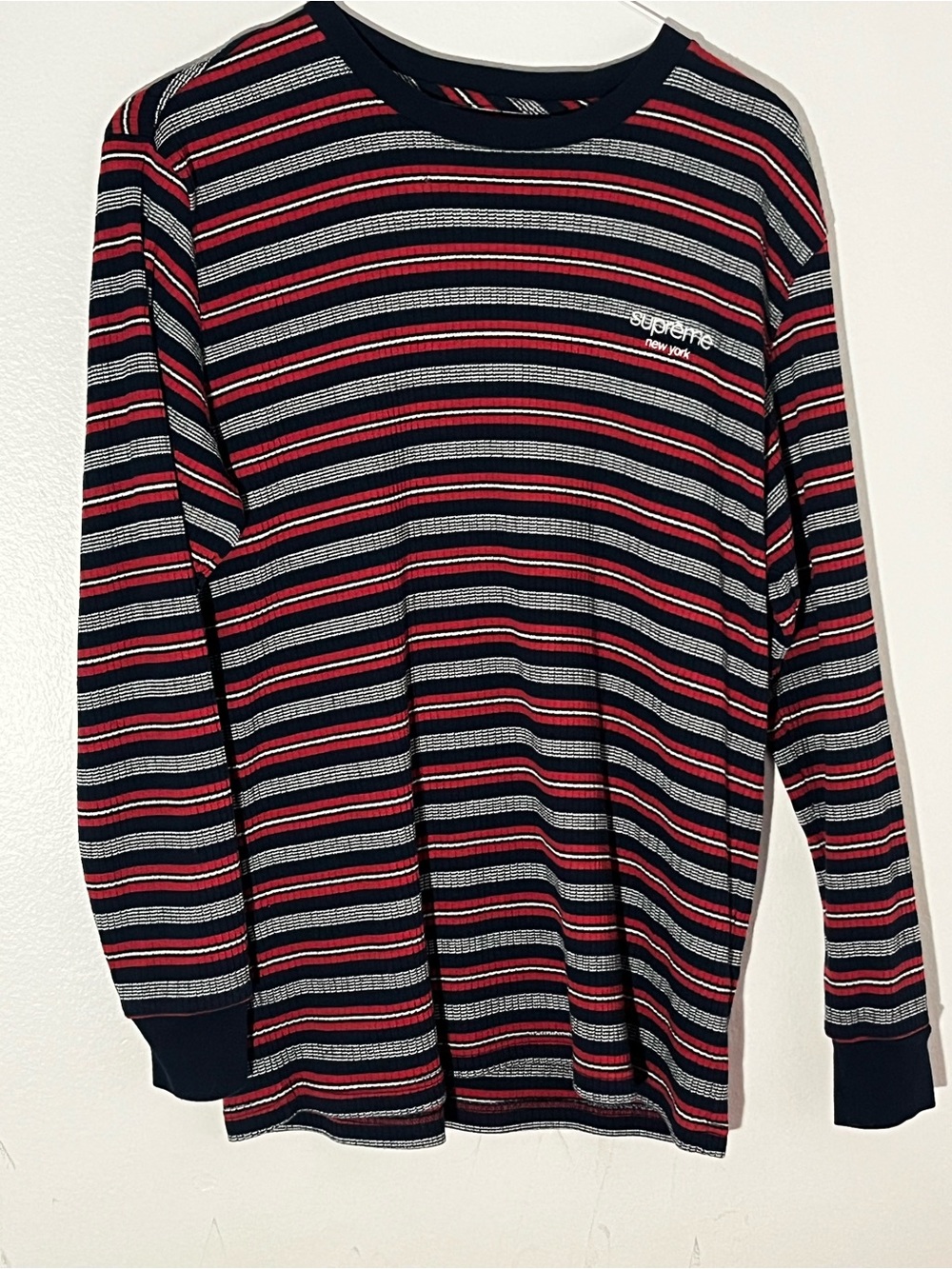 Supreme Navy, Red & White Striped Long Sleeve Crewneck